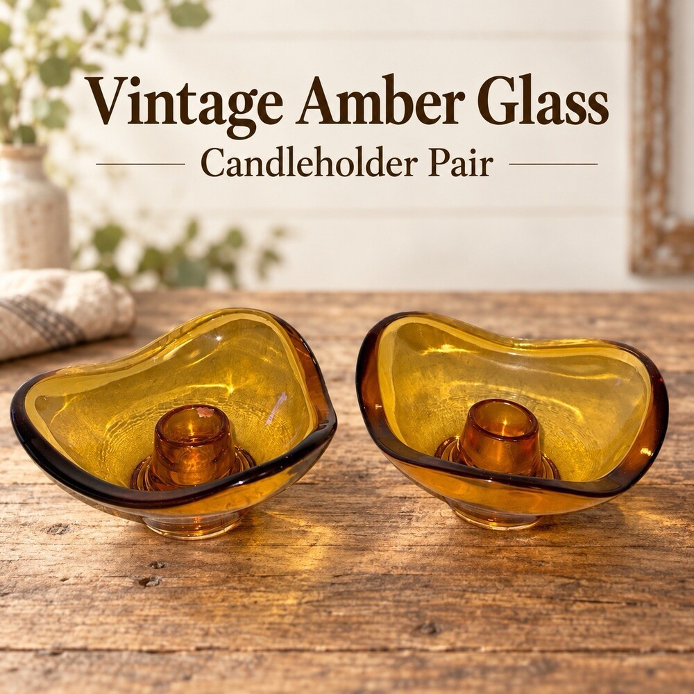 Vintage Amber Art Glass Taper Candle Holders Pair MCM Triangular Bowl Design